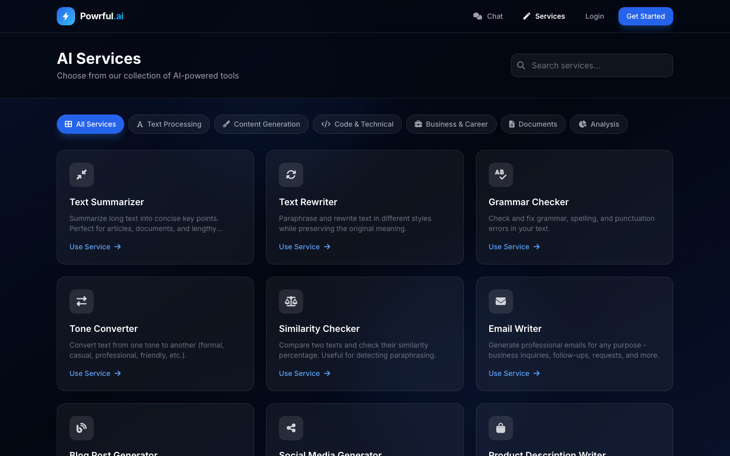 The Powrful services dashboard, showing the full grid of AI tools